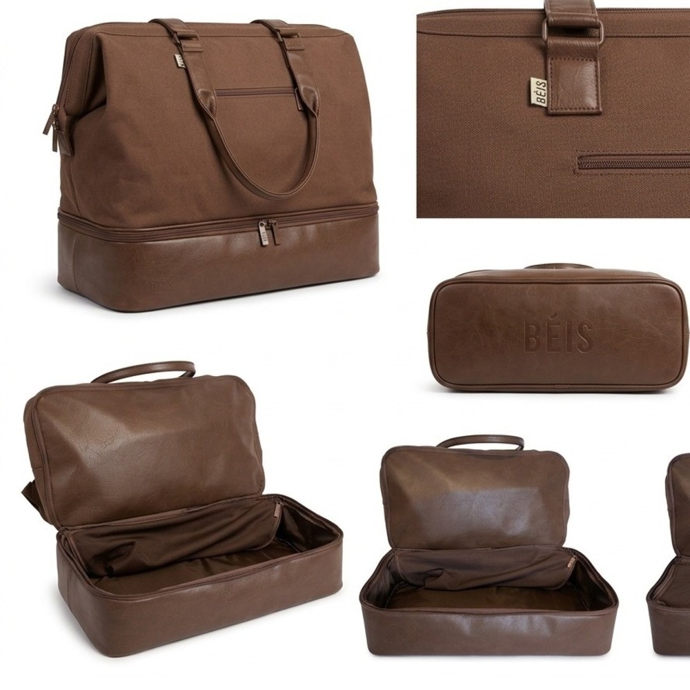 BEIS The Weekender Travel Duffel Bag Maple Brown Canvas Faux Leather Base